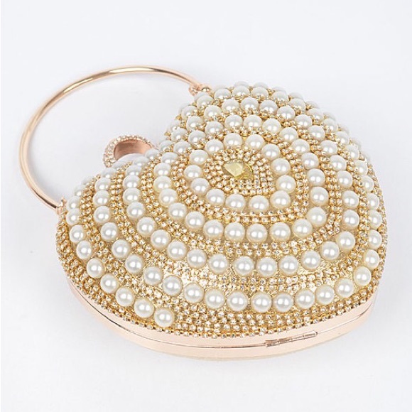 Elegant Gold Rhinestone & Pearl Accent Heart Shape Box Clutch - Picture 4 of 7